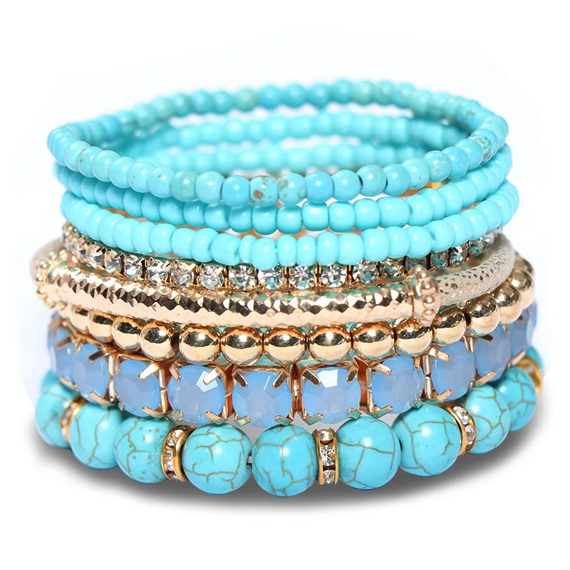 Wholesale Bohemian Fashion Charm Stack Bracelets Set Colorful Natural Stone Boho Ethnic Rice Beaded Jewelry Bracelet Gift Sets