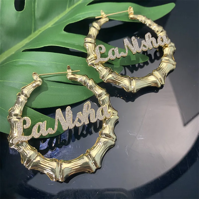 Stainless Steel Hoop Earring Custom Name Bamboo Earrings Rainbow Multi
