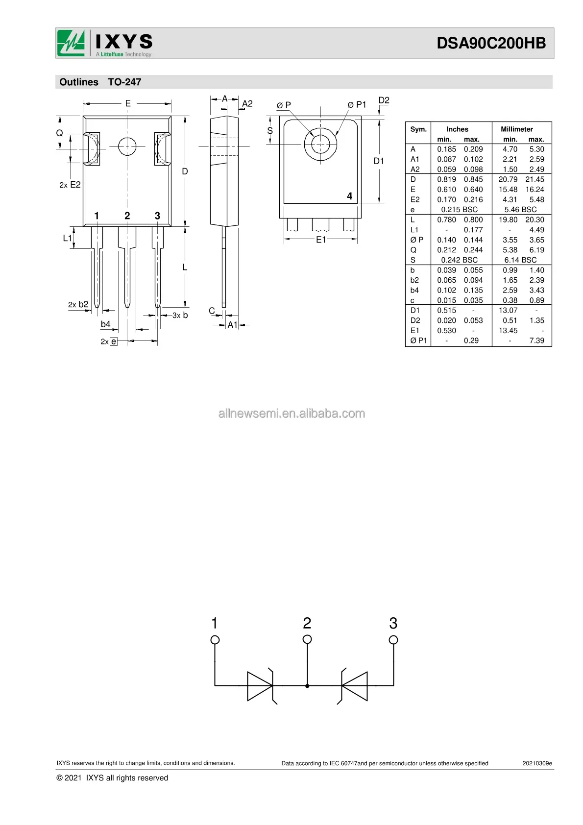 Hot sale Original DSA90C200HB DIODE ARR SCHOT 200V 45A TO247AD Diode Array 1 Pair Common Cathode 200 V 45A Through Hole TO-247-3