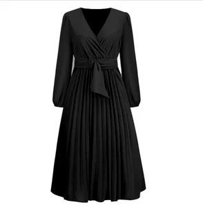 Women Slim Dress Women Solid V-neck Dress Women Casual Fashion Dress in Autumn