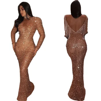 Custom logo Latest Design 3D Sequined High Neck Long Sleeve backless Evening Dresses Ball Gowns For Prom Night Evening Dress