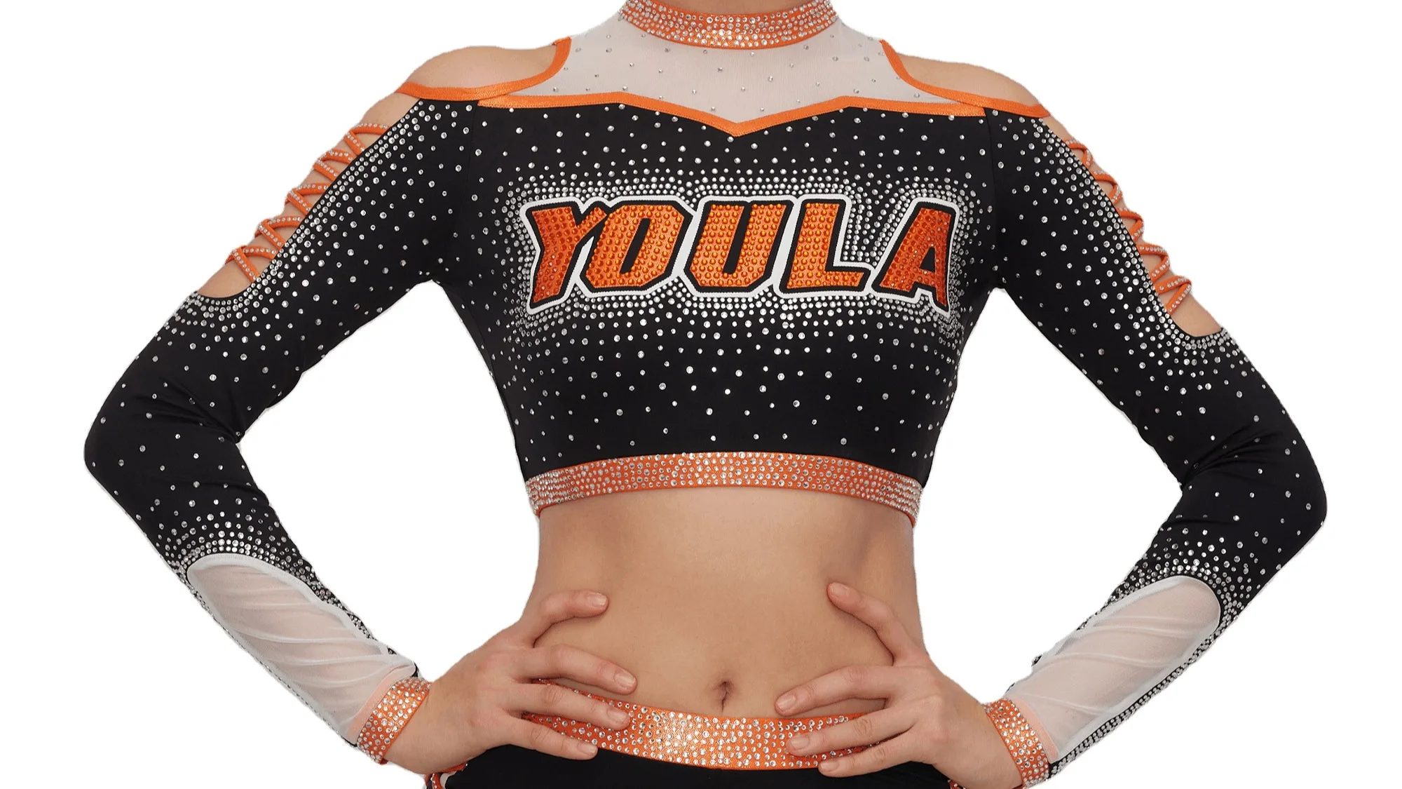 Youla Wholesale Custom Cheerleading Uniforms Long Sleeve Kids Black Orange Girls Sparkle