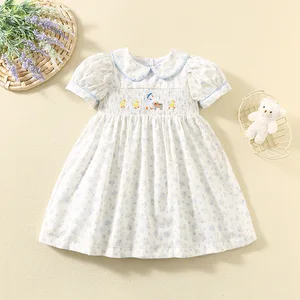 Summer Infant 1-5 Years Girls Smocked Knee-Length A-Line Dresses O-Neck Floral Sweet Style Children Clothing