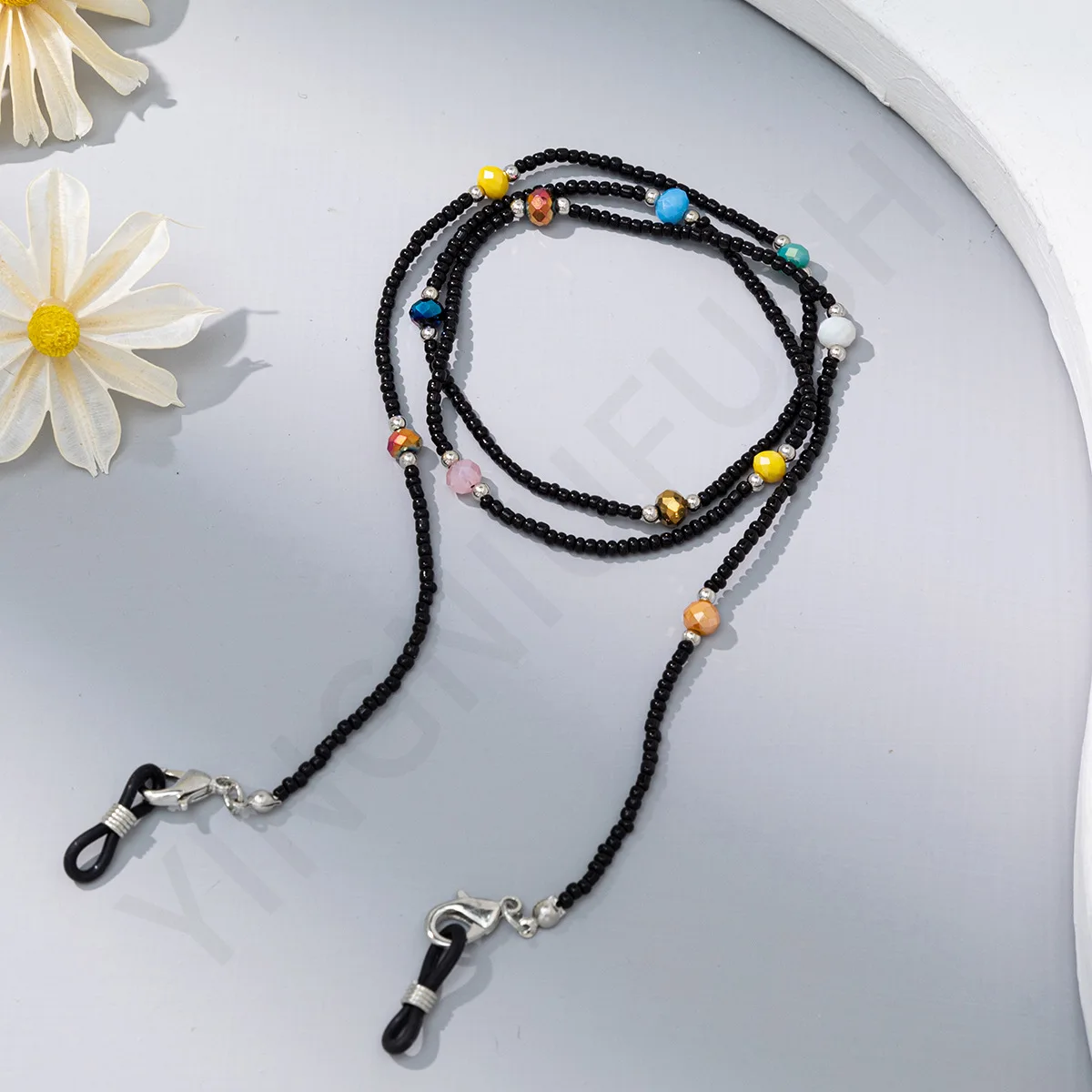 Лидер продаж акриловые контрастные очки с рисовыми бусинами цепочка женская модная маска на