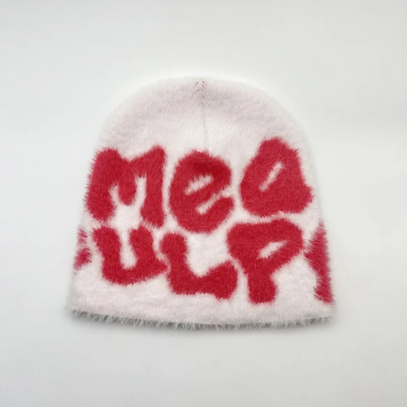 2023 Custom Logo Plush Jacquard Beanie Hats Furry Fuzzy Knitting Beanie for Autumn Winter Travel Mohair Hat