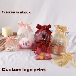 Custom Logo Print Transparent Organza Drawstring Gift Pouch Bow Jewelry Mesh Packaging Storage Bag Reusable Candy Gifts Pack
