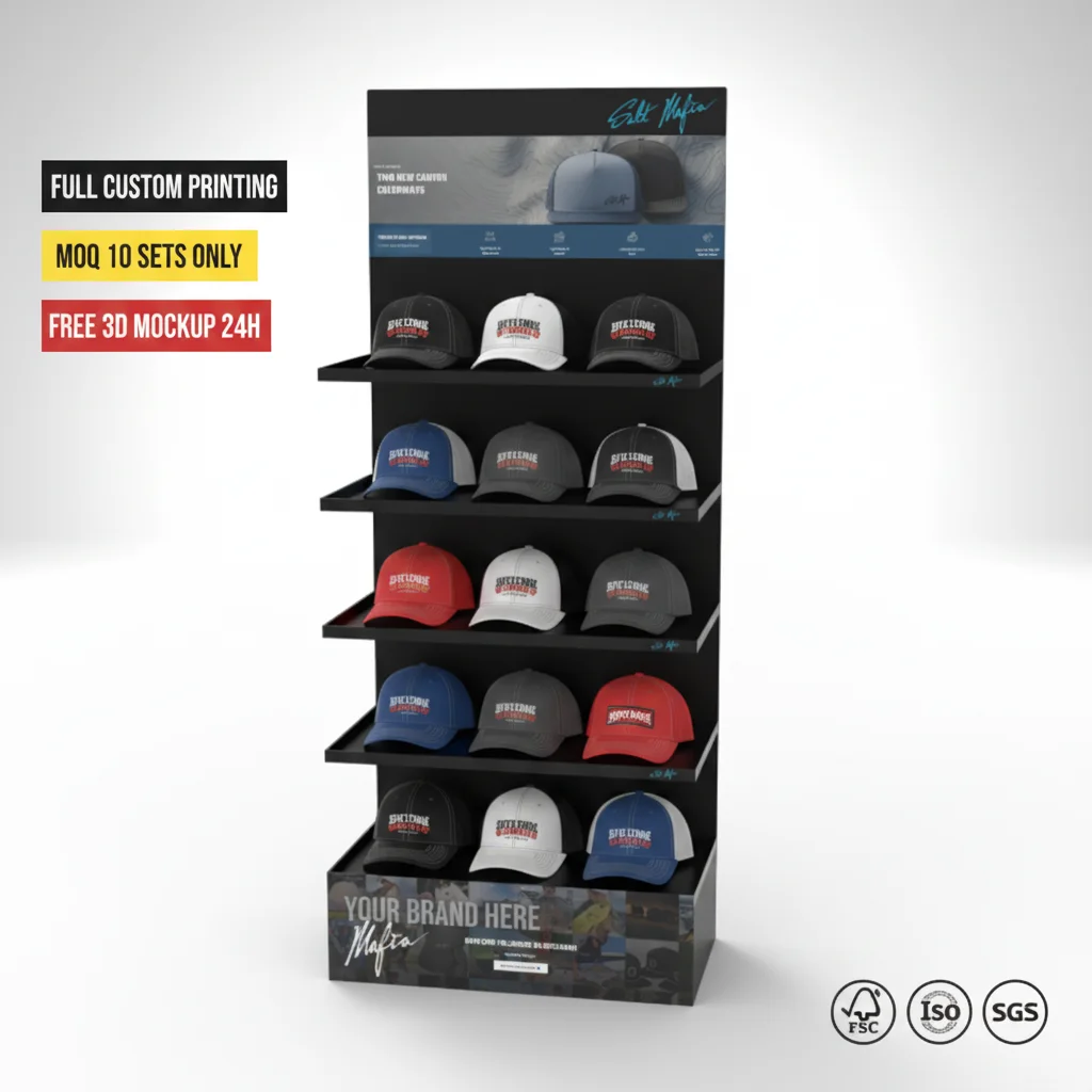 Espositore da terra personalizzato in metallo per cappelli, a 5 livelli, per cappelli da baseball, adatto a negozi al dettaglio e vendita all’ingrosso