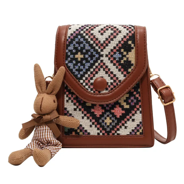 2024 New Arrival Wholesale Bohemian Ethnic Style Canvas Handbag Women Custom Logo Crossbody pu Bag With Rabbit Pendant For Girls