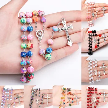 Multi Color Beads Rosary Maria Hold Child Christian Rosaries Long Cross Necklace