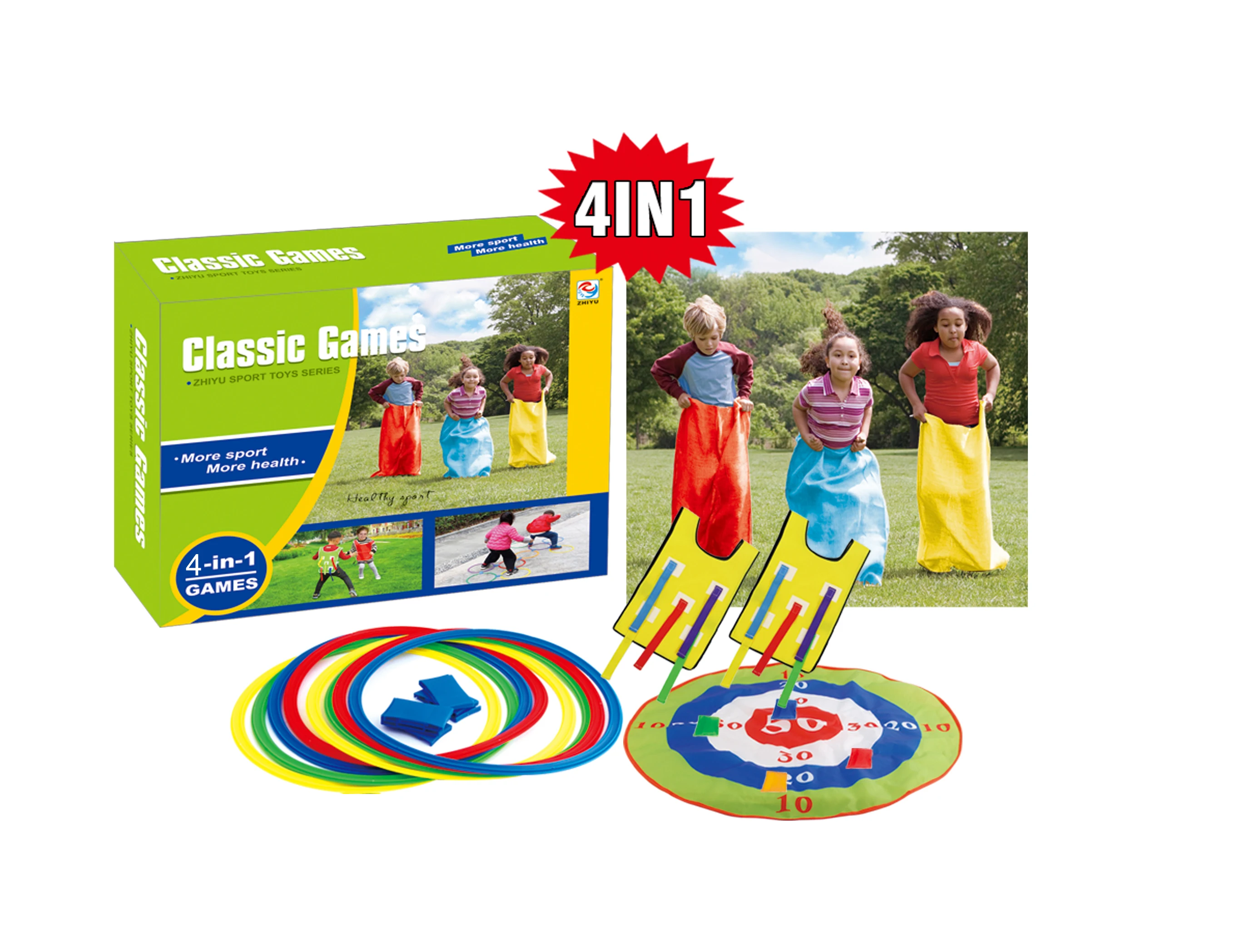 4 Outdoor Lawn Games Includes 4 Potato Sack Race Bags,8 Hopscotch Rings 