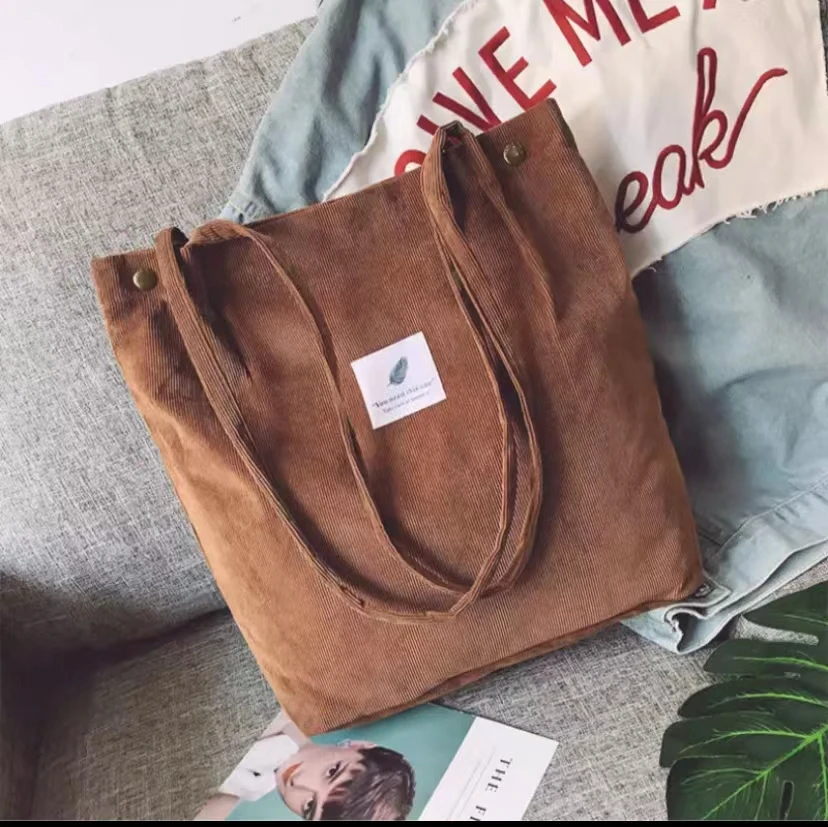 Women Bag Corduroy Shoulder Bags Reusable Cotton Cloth Handbags School Shopping Large Grocery Organizer Shopper Tote Pack details