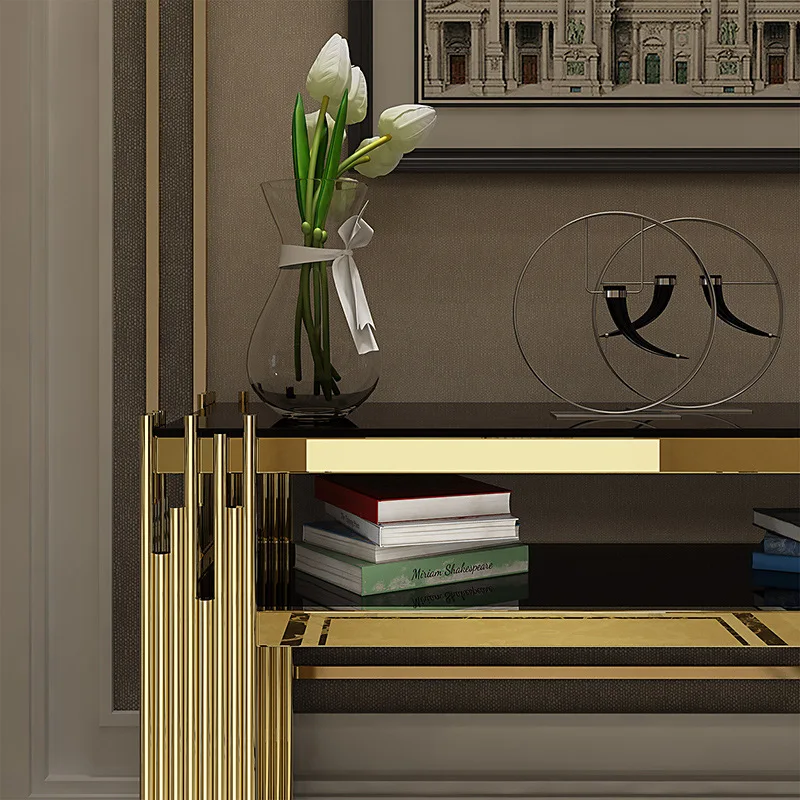 Home Furniture Living Room Rectangle Side Tables Gold Legs Marble Top Entryway Table Glass Console with Mirror