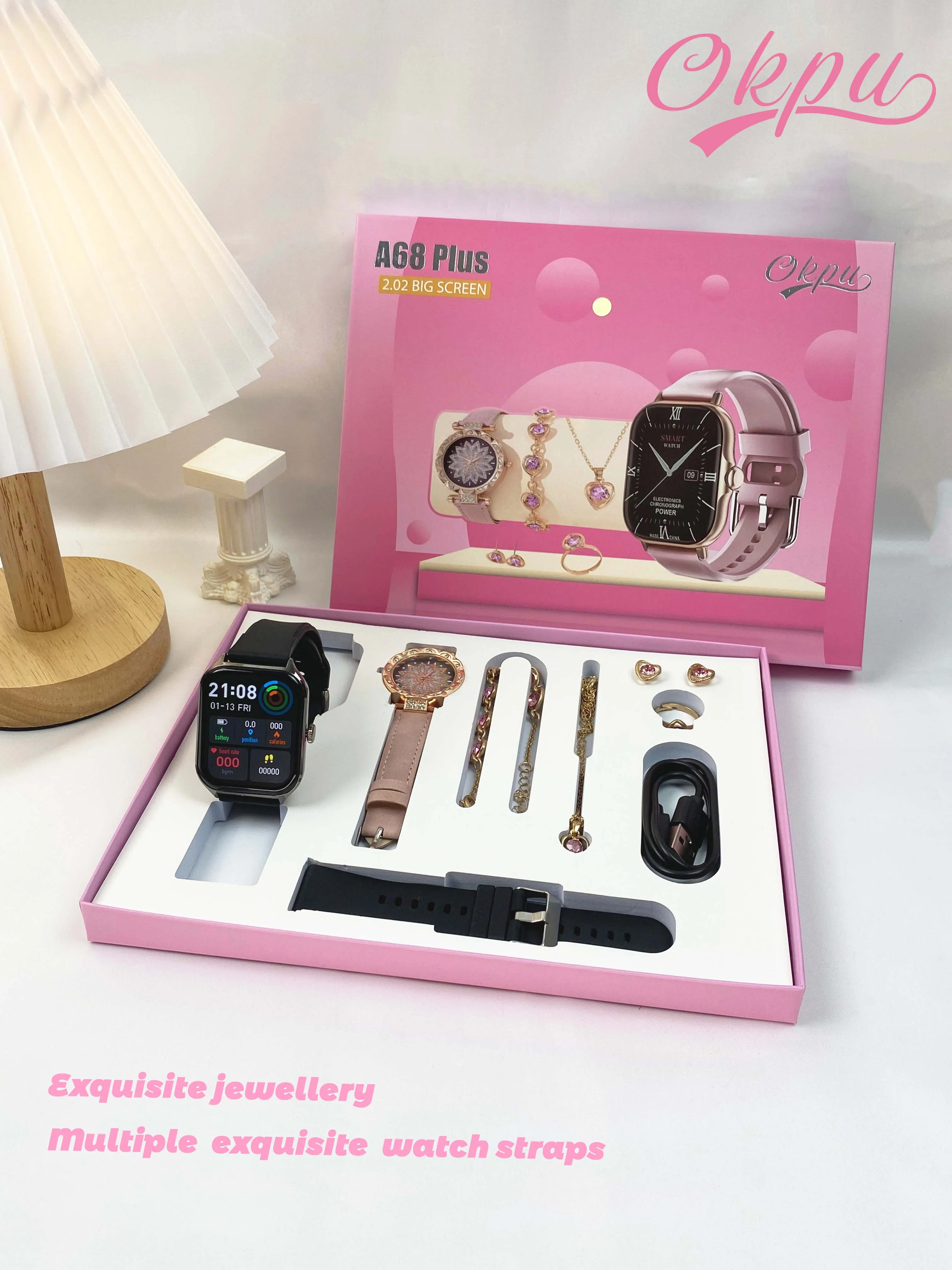 Fashion Gifts Box 6in1 Smart Watch A68plus Necklace Ring Bracelet Earrings  Jewelry Set Ladies Watches Sports A68 Plus Smartwatch