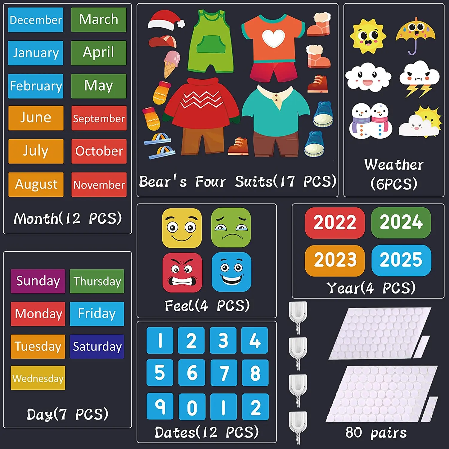 2024 My First Daily Calendar Day Week Chart must Haves Foldable Personalized Wall Felt Flannel Activity Board for Kids
