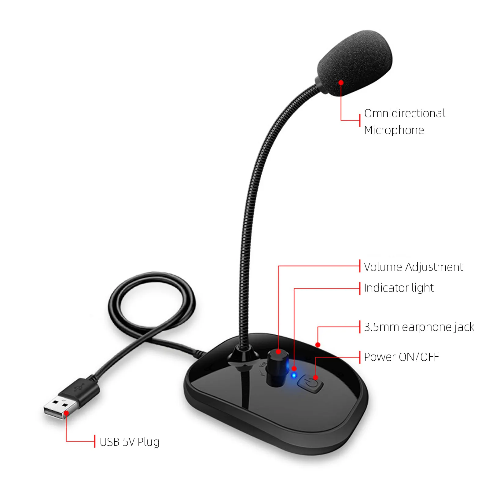USB Desktop Gooseneck Microphone with Mute Button Volume 