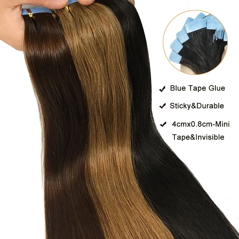 Tape In Human Hair Extensions 100% Remy Natural Human Hair 16-26 inch Straight Seamless Skin Weft Adhesive for Women_voghion.com