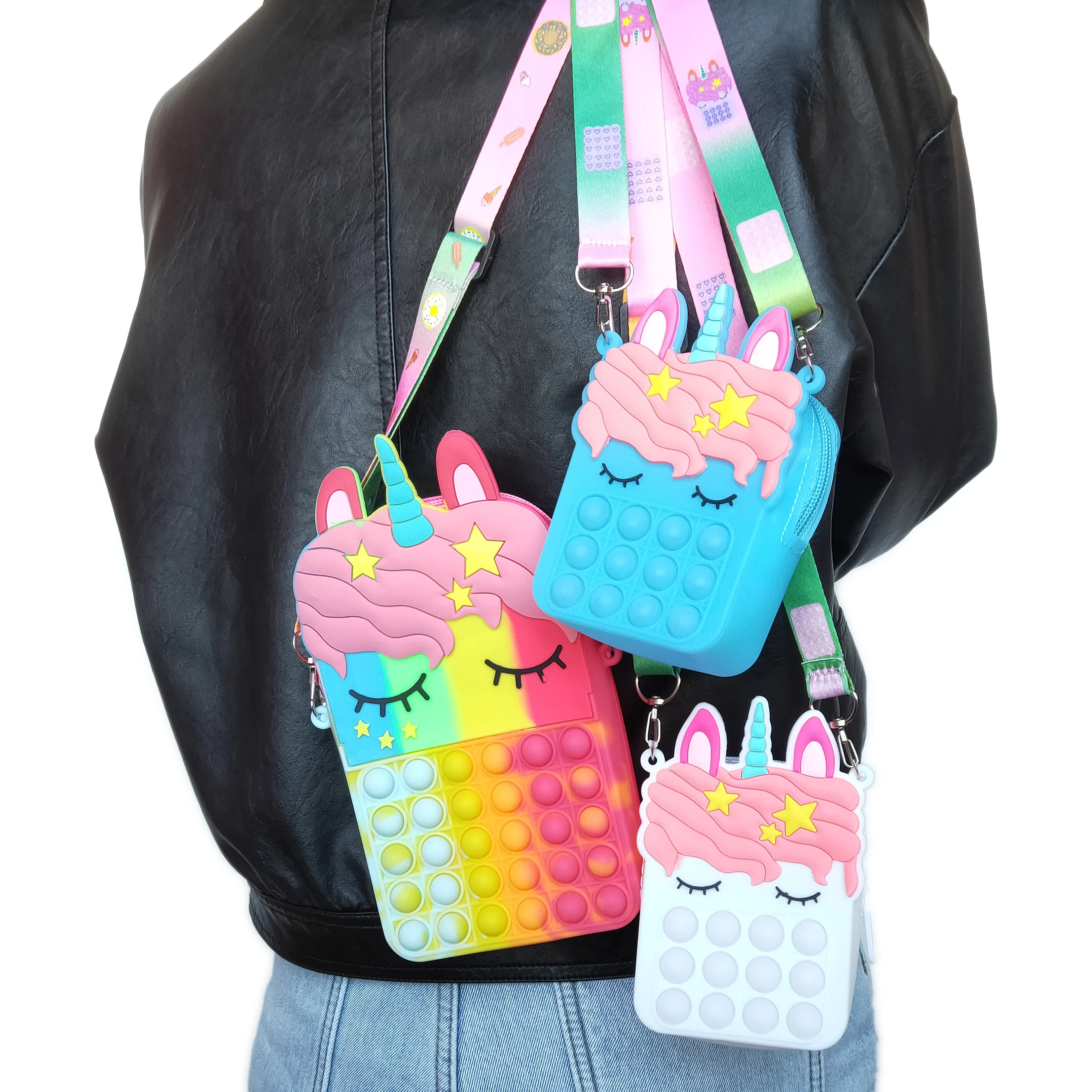 Мультяшный детский сенсорный кошелек AA098, сумка-мессенджер для снятия стресса, пузырьковая миниатюрная силиконовая Радужная Сумка-антистресс с единорогом