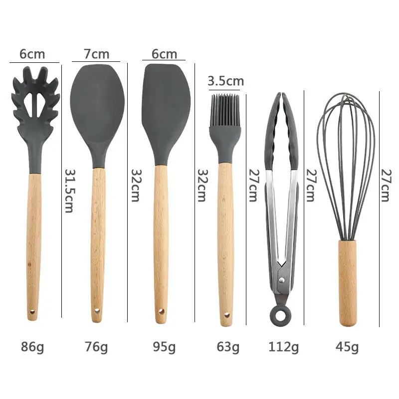 Non-stick Cooking Utensil Silicone Kitchen Utensils Set Factory 12 Pcs Sustainable Wooden Utensils Silicone Tools Modern Simple supplier