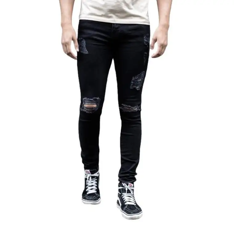 Light blue Hole Pants Jeans Men's Jeans Skinny Slim Ripped Distressed Pleated Knee Hole Denim Pants Plus Size Jeans For Men