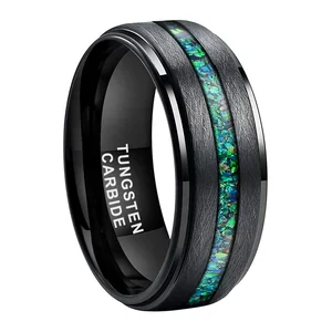 Coolstyle Jewelry 8mm Black Tungsten Finger Ring Men Women Fashion Engagement Wedding Band Real Green Opal Inlay Brushed Finish