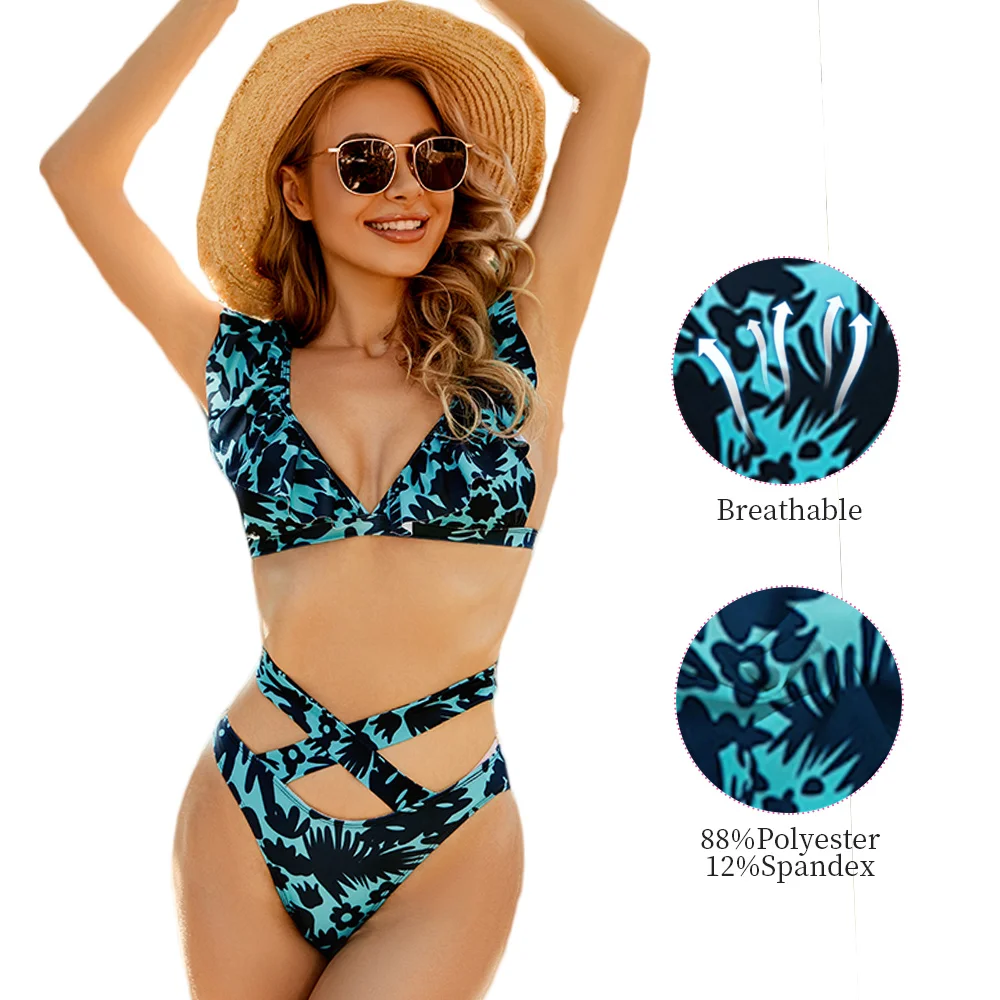 Wholesale Custom Womens Bikini Swimsuits Beachwear High Waist Deep V