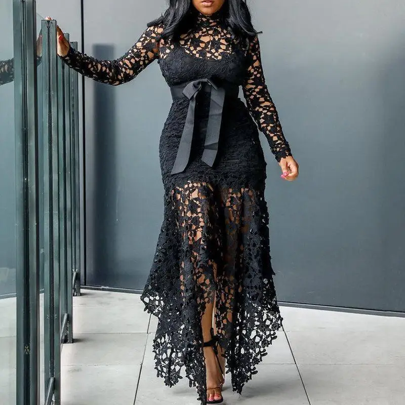 Vintage Party Sexy Black Lace Long 