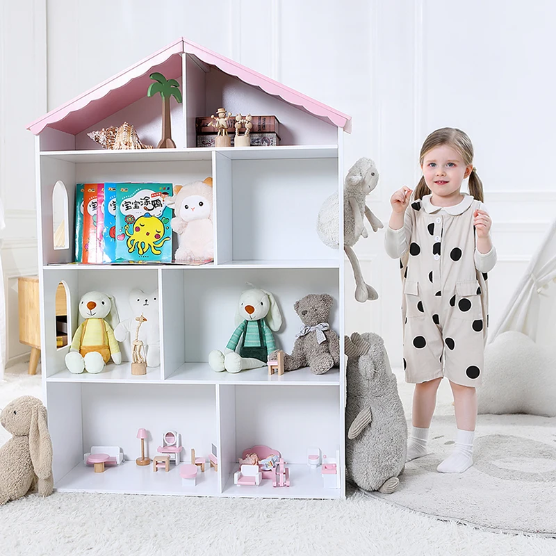 Kids Sling Book Storage Rack Bookcase Bookshelf Nordic Furniture Kids White Wooden House Shape Bookshelf