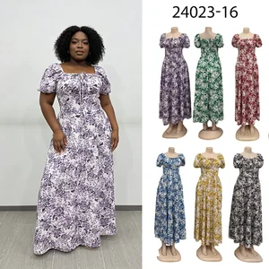 New Wholesale Spring Casual High Waist Printed Short Sleeve square Collar Fashion Dress