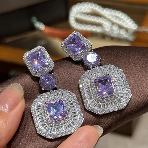 Very Luxury Purple Crystal Square Brand Diamond Earrings Atmospheric Trendy Simple High-end Expensive Full Set Fine Dangle Style