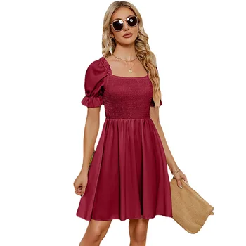 New hot selling women's square neckline pleated casual dress formal dress Support clothing manufacturers custom
