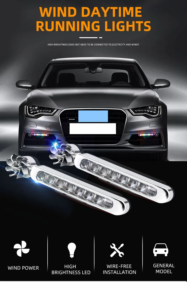 1 Pair of Car Daytime Running Lights without External Power Wind Energy Car LED Lights with Car Fan Rotating Lights 