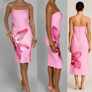 Wholesale Summer Pink Floral Printing Slim Fit Off Shoulder Women Casual Stain Medium Dresses