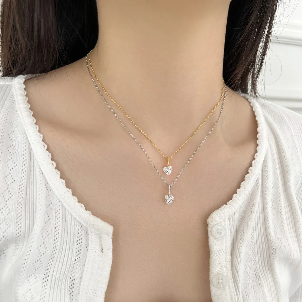 KAKODIY Stylish Simple Design 925 Sterling Silver Chain Necklace 5A Cubic Zirconia Heart Shape Pendant Necklace for Women detail 1