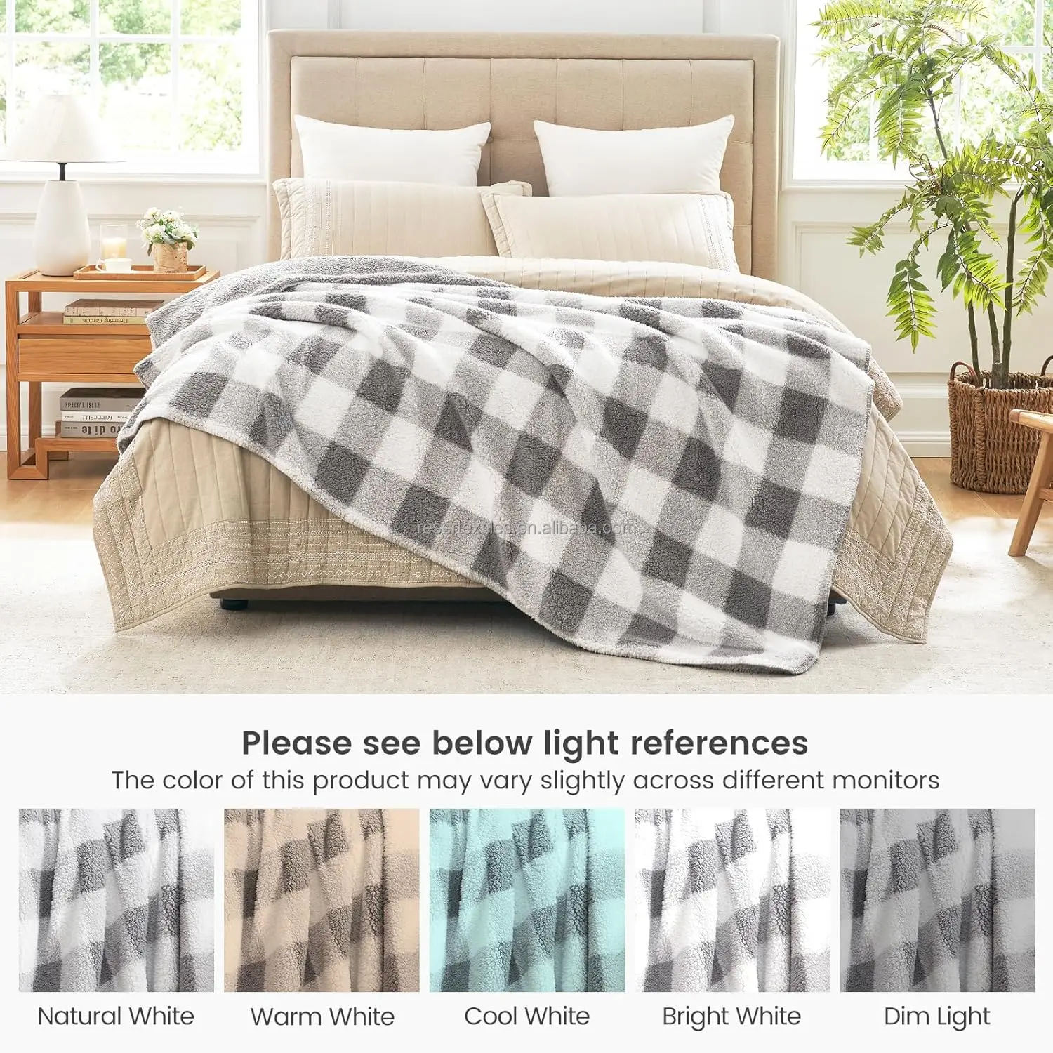 Ultra Soft 100% Polyester Knitted Reversible Double Sherpa Sided Winter Anti-Pilling Blanket Grey Buffalo Plaid Fluffy Thick