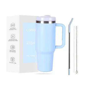 Custom 40oz Tumbler With Handle Stainless Steel Baby Blue Coffee Mug Double Wall Insulated Tumbler For Travel