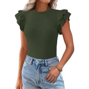 2025 Summer Women's Round Neck Casual Solid Color Ruffle Short Sleeved T-shirt