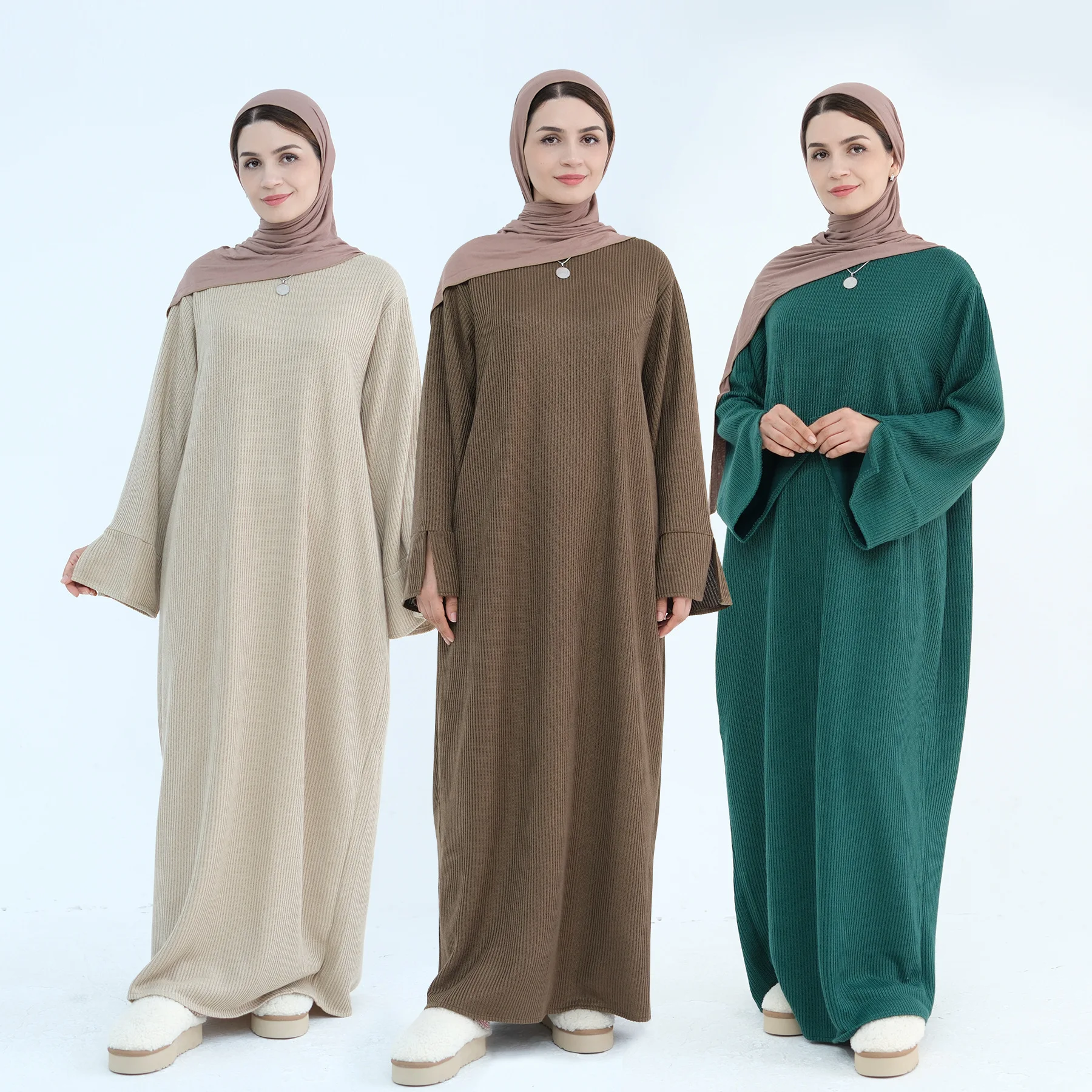 Modest Winter Woman Elegant Sweater Abaya Dress Casual Long Sleeves Solid  Color Sweaters Robe for Woman L326