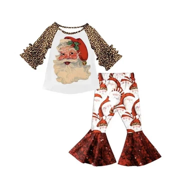 Trendy Fall 2pcs Christmas Santa Ruffle Tops Pants Sets Baby Girls Clothes Outfits Kids Boutique Clothing