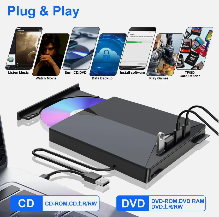 Factory Price USB 3.0 external cd and dvd drive for laptop DVD Writer Drive Burner Reader Player for Windows 7/8/10/11