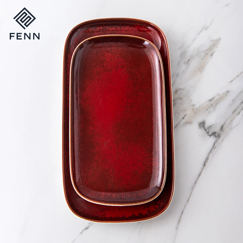 FENN Low MOQ Reactive Red Serving Tray Platter Hotel Restaurant Luxury Ceramic Appetizer Salad Meat Serving Platter