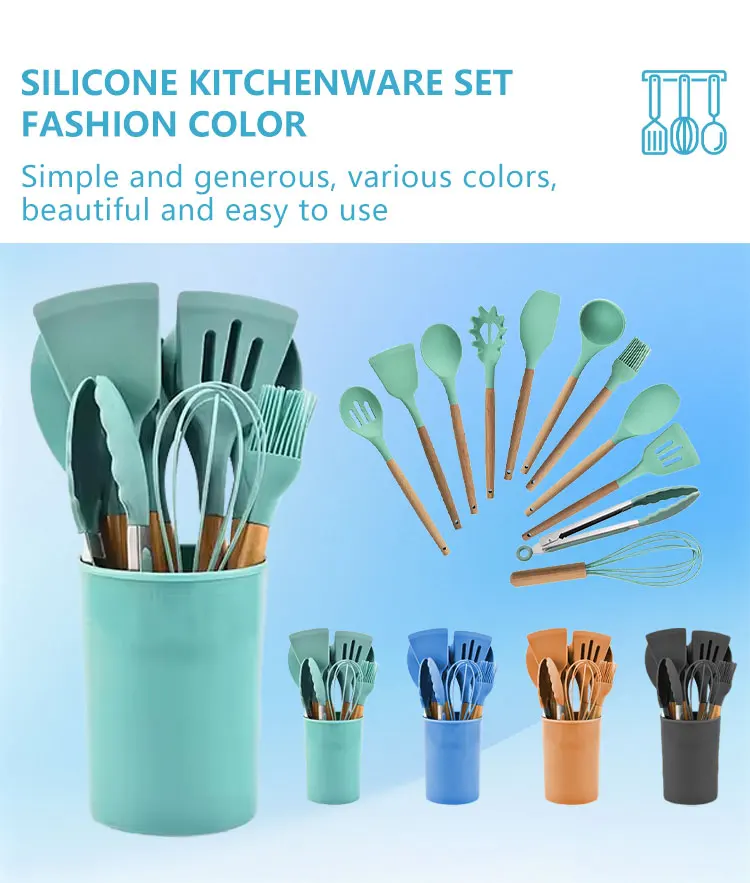 Wholesale 12 Pcs Food Grade Silicone Cookware Set Kitchen Utensils with Storage Bucket for Cooking Tool Sets supplier