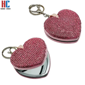 20 years factory Custom Your Logo Design Pink Rhinestone Heart Mini Mirror keychain