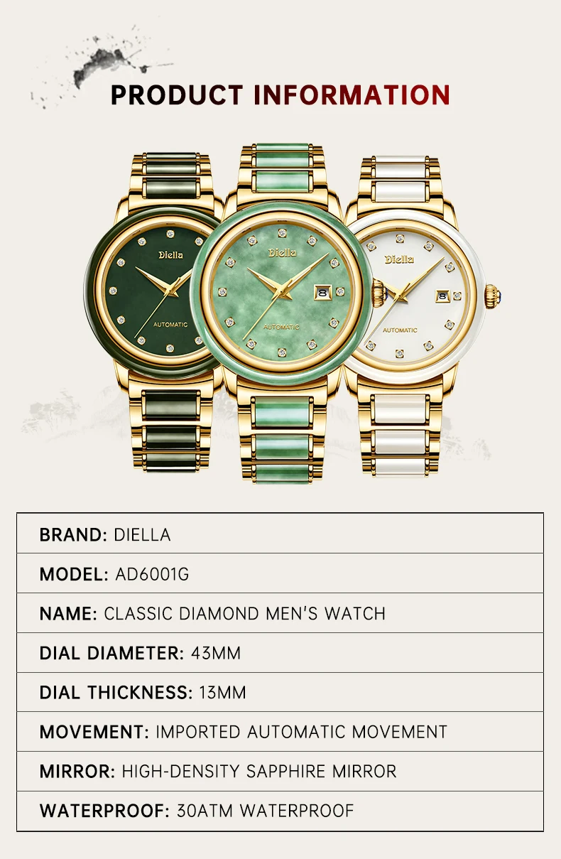 Diella Men's Mechanical Watch Jade Automatic Couple Pair Watch Simple Female Trend Wristwatch Genuine Leather Band 6001G