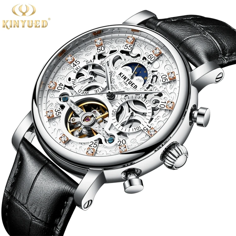 Мужские автоматические механические часы KINYUED J026, роскошные модные высококачественные мужские часы с Лунной фазой