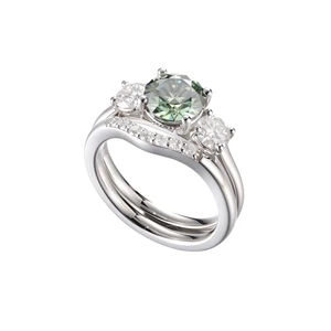 Fine S925 Sterling Silver Platinum Plated Ring Moissanite Green Gemstone Rings Double Stacked Wedding Rings for Women Jewelry