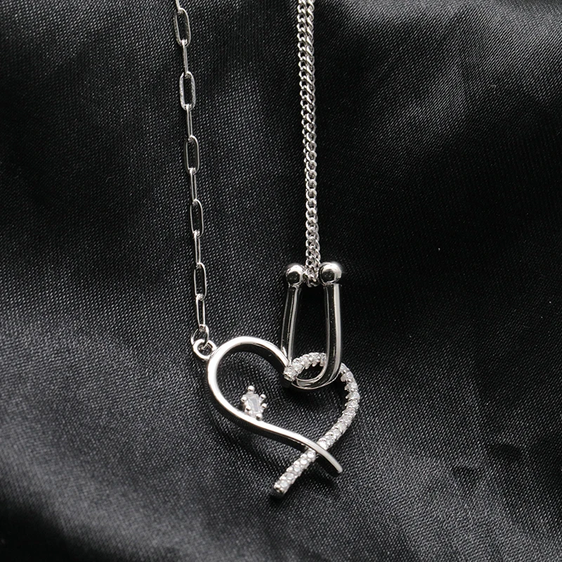 Zircon Heart Horseshoe Necklace - 925 Sterling Silver