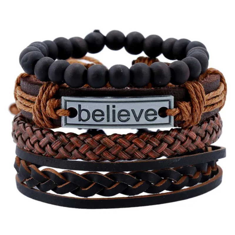 Hot Sale Believe Braided Rope Leather Bracelets Wholesale Wooden Beads Multi Layer Wrap Leather Bracelet