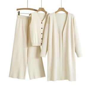 Spring Autumn Solid Color Cardigan Knit Set Casual Loose Knit Cardigan and Vest and Pants Set Knitted Three Piece Set for Women