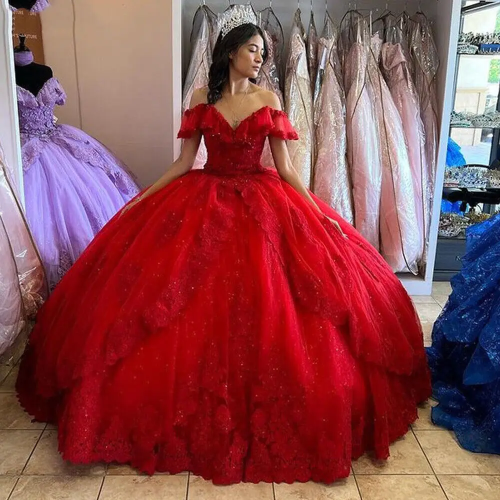 Plus Size Off Shoulder Red Quinceanera Dresses Ball Gown Sweep Train ...
