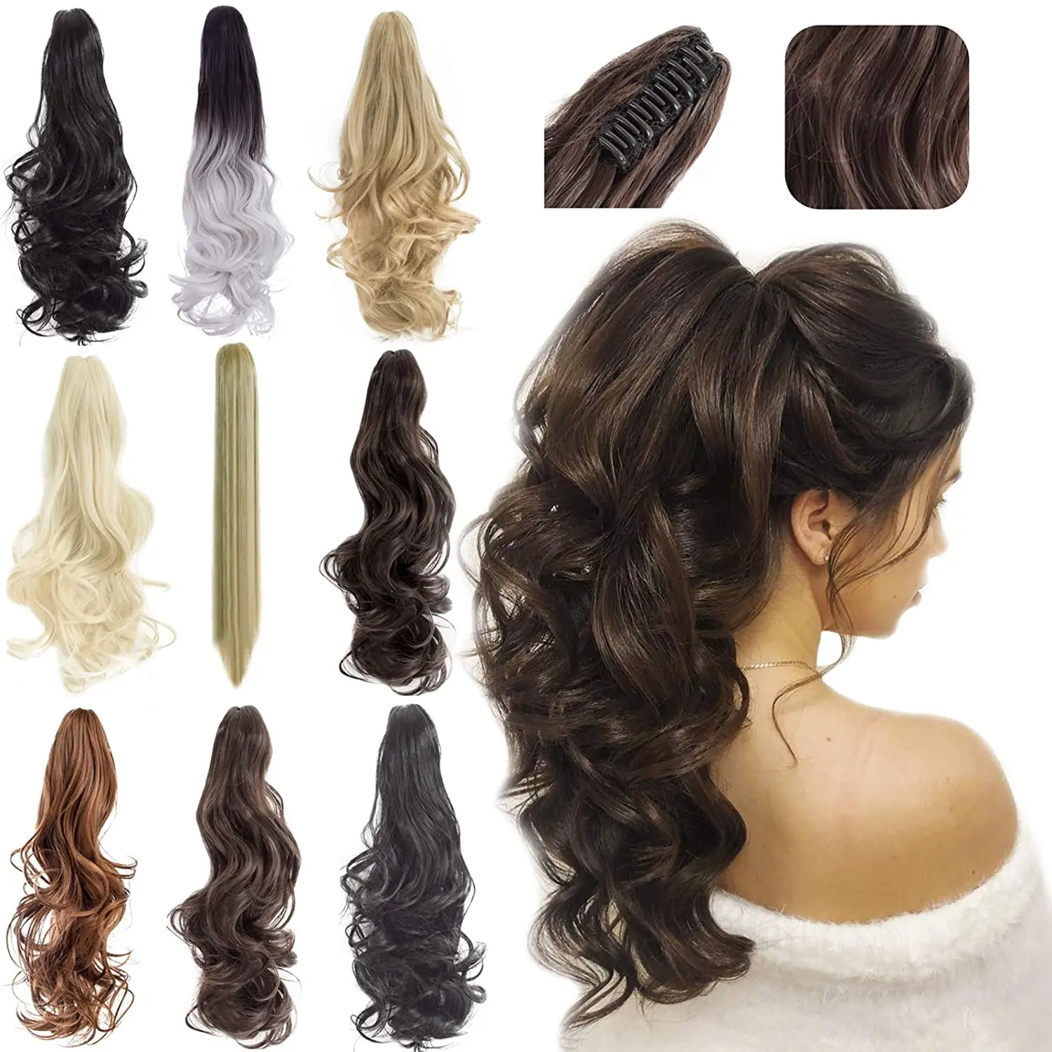 $1 Sample Clip On Claw Ponytail Hair Extension Synthetic Curly Brown  Ponytail Enxtension Hair For Women Pony Tail Hair Hairpiece - Buy Curly  Wavy Straight Long Pony Tails,Long Clip In Synthetic Ponytail